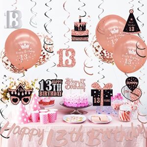 WOJOGO 13th Birthday Decorations for Girls Boys, Rose Gold 13 Birthday Decorations Kit, Teenager Happy 13th Birthday Banner Hanging Swirls Birthday Cake Topper Balloons for Party Supplies