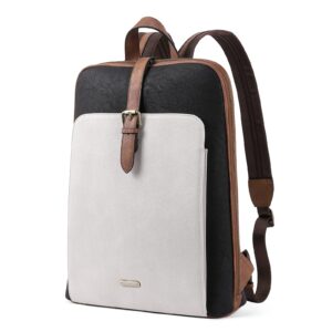 cluci leather backpack for women 15.6 inch laptop backpack purse for women stylish work computer backpack casual daypack black with off-white-brown