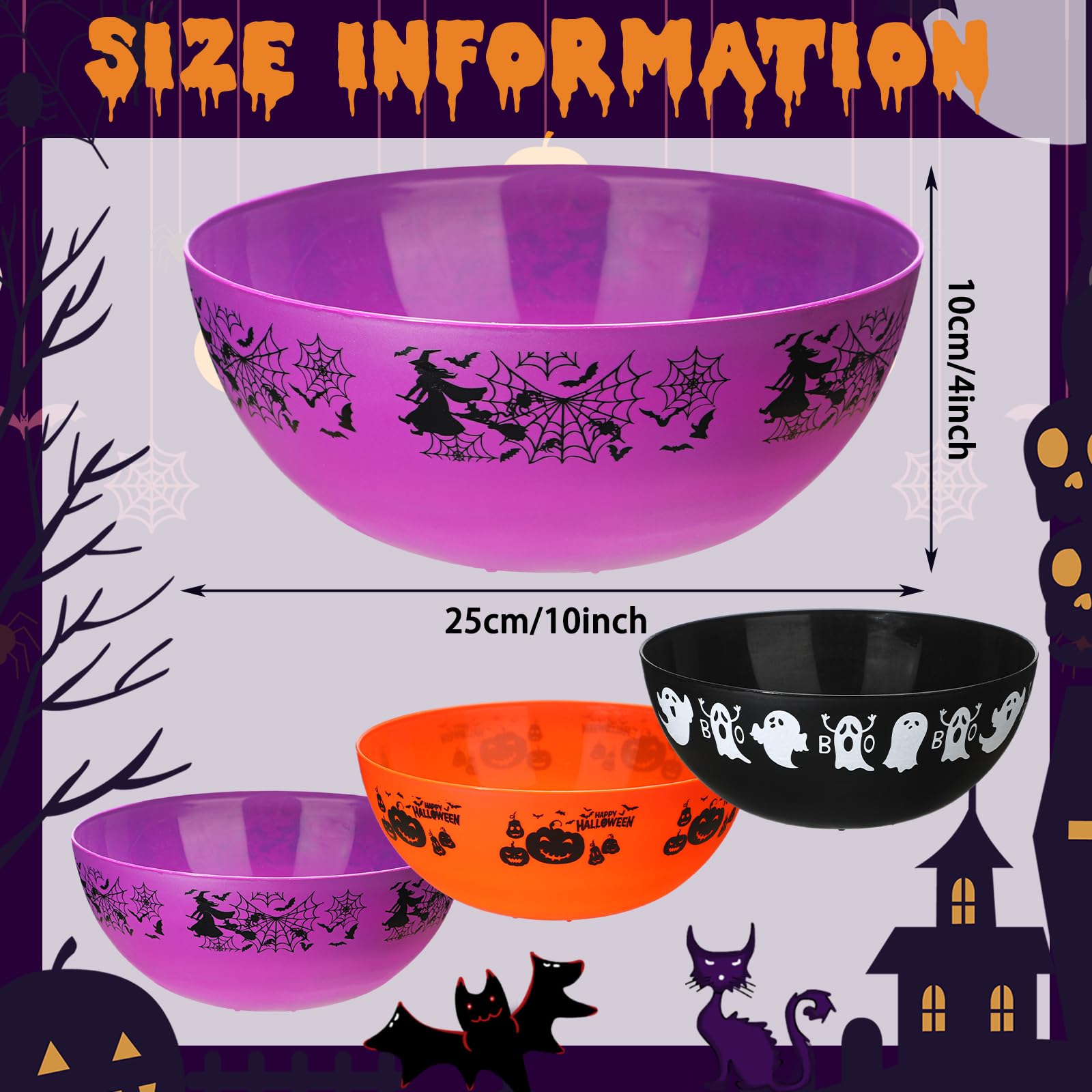 Didaey 3 Pcs Halloween Candy Bowl Halloween Plastic Trick Treat Candy Bowls Halloween Party Supplies Large Halloween Party Plastic Serving Bowl Tableware Halloween Candy Holders (Horrific)