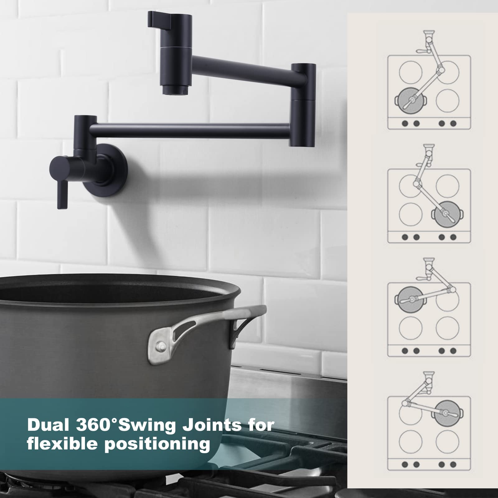 Pot Filler Faucet Matte Black, ARCORA Modern Pot Filler Wall Mount Folding Faucet 2 Handle with Double Joint Swing Arms Brass Stove Faucet