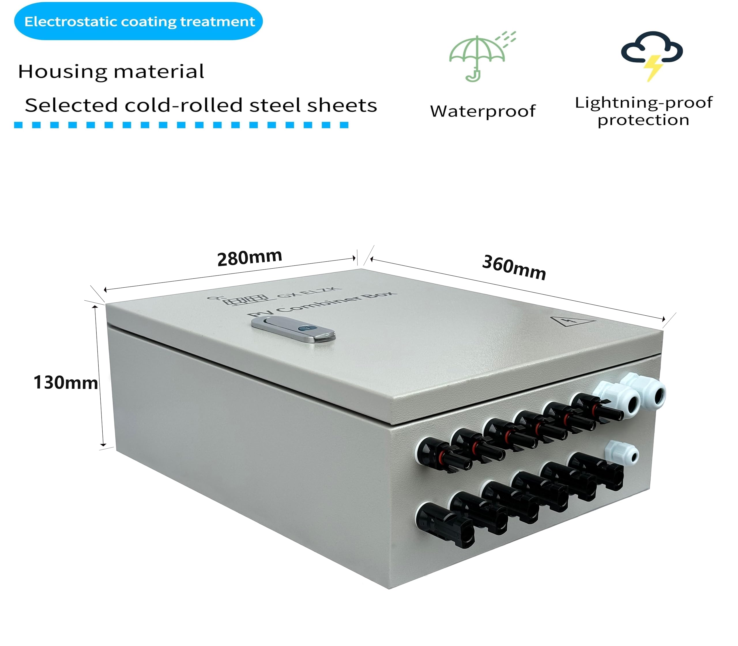 GXELZK Gx Electrical Solar Combiner Box with 6 Strings, 80 A Circuit Breakers. This photovoltaic Combiner Box is Suitable for Off-Grid Solar Power