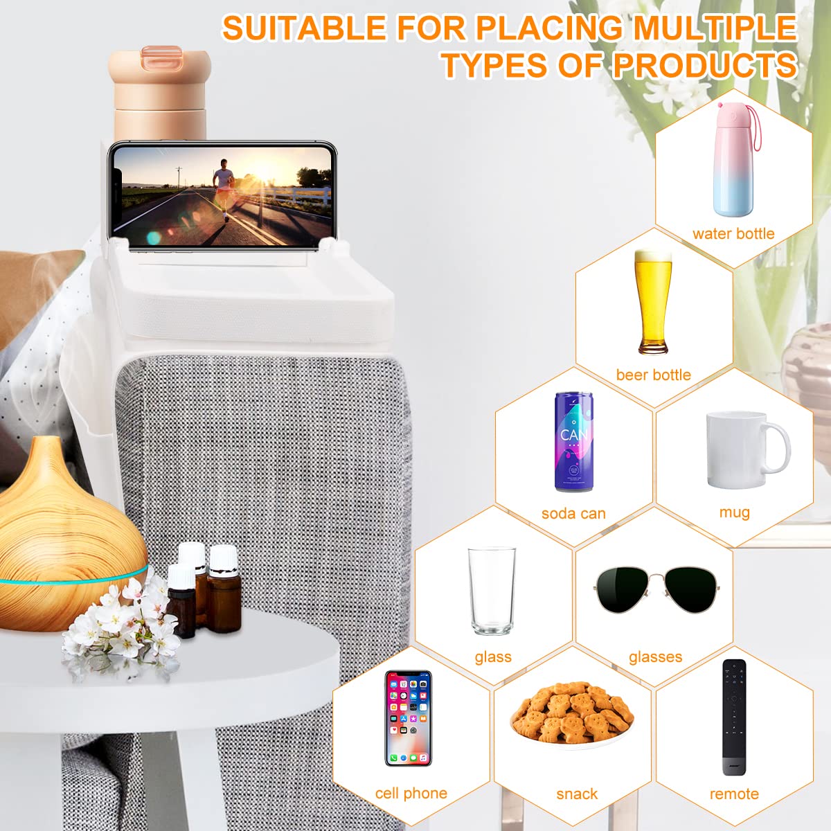 Cup Holder for Couch, Sofa Armrest Tray, Portable Couch Drink Holder arm Table, Anti-Spill and Anti-Slip Couch Arm Table with Cup Holder for Drinks, Remote Control, Gifts for Family, Friend White