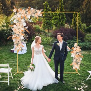 6.6FT Gold Backdrop Stand, Wedding Metal Square Balloon Arch Kit Frame Garden Arbor Frame Flower Ring Stand for Wedding Birthday Party Ceremony Anniversary Photo Background Decoration