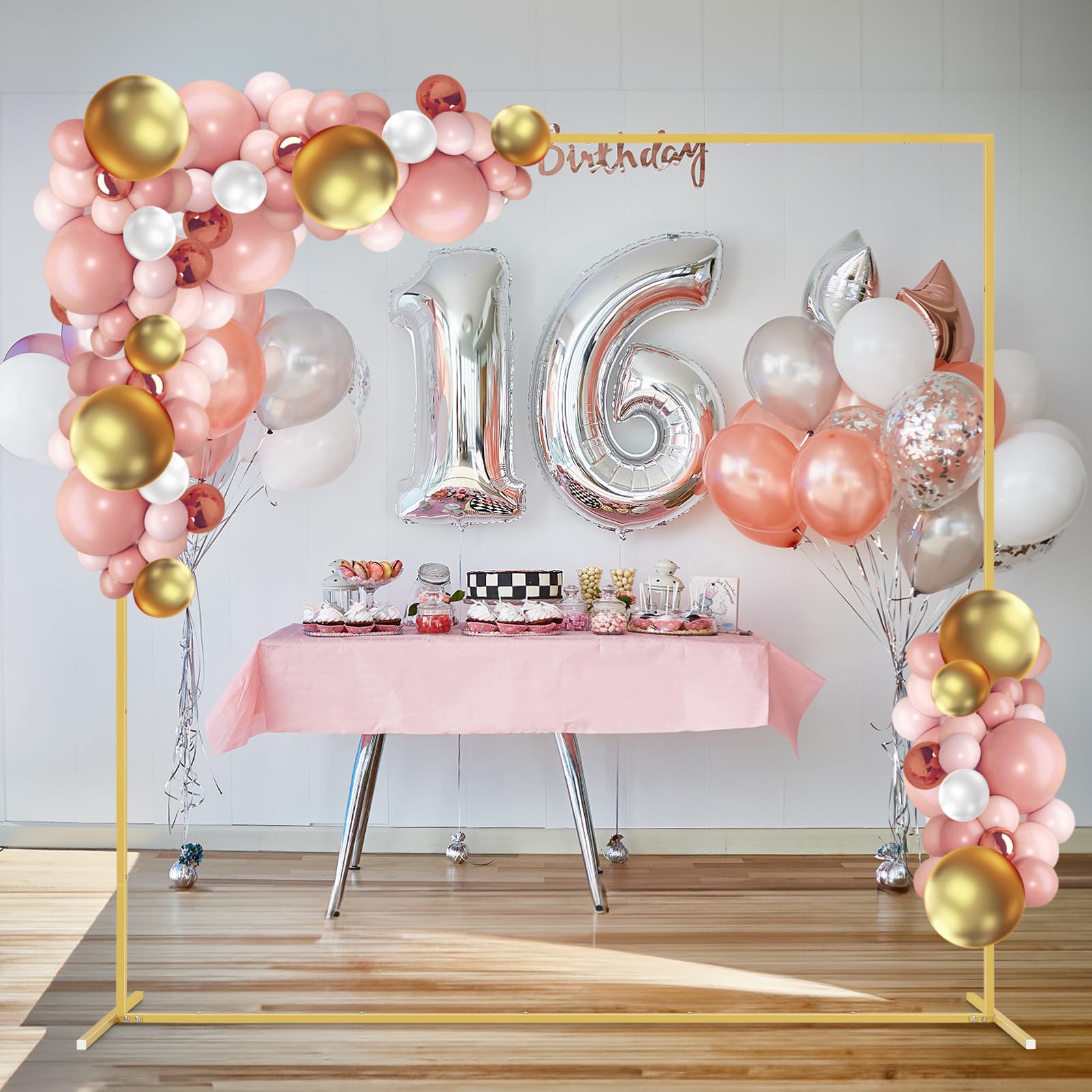 6.6FT Gold Backdrop Stand, Wedding Metal Square Balloon Arch Kit Frame Garden Arbor Frame Flower Ring Stand for Wedding Birthday Party Ceremony Anniversary Photo Background Decoration