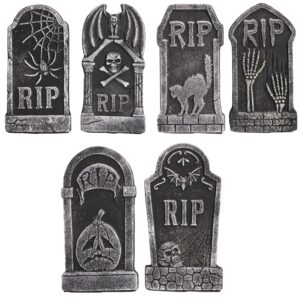 hourleey halloween foam rip tombstones, 6 pack 15" graveyard headstone decorations outdoor for halloween lawn yard garden tombstone decor