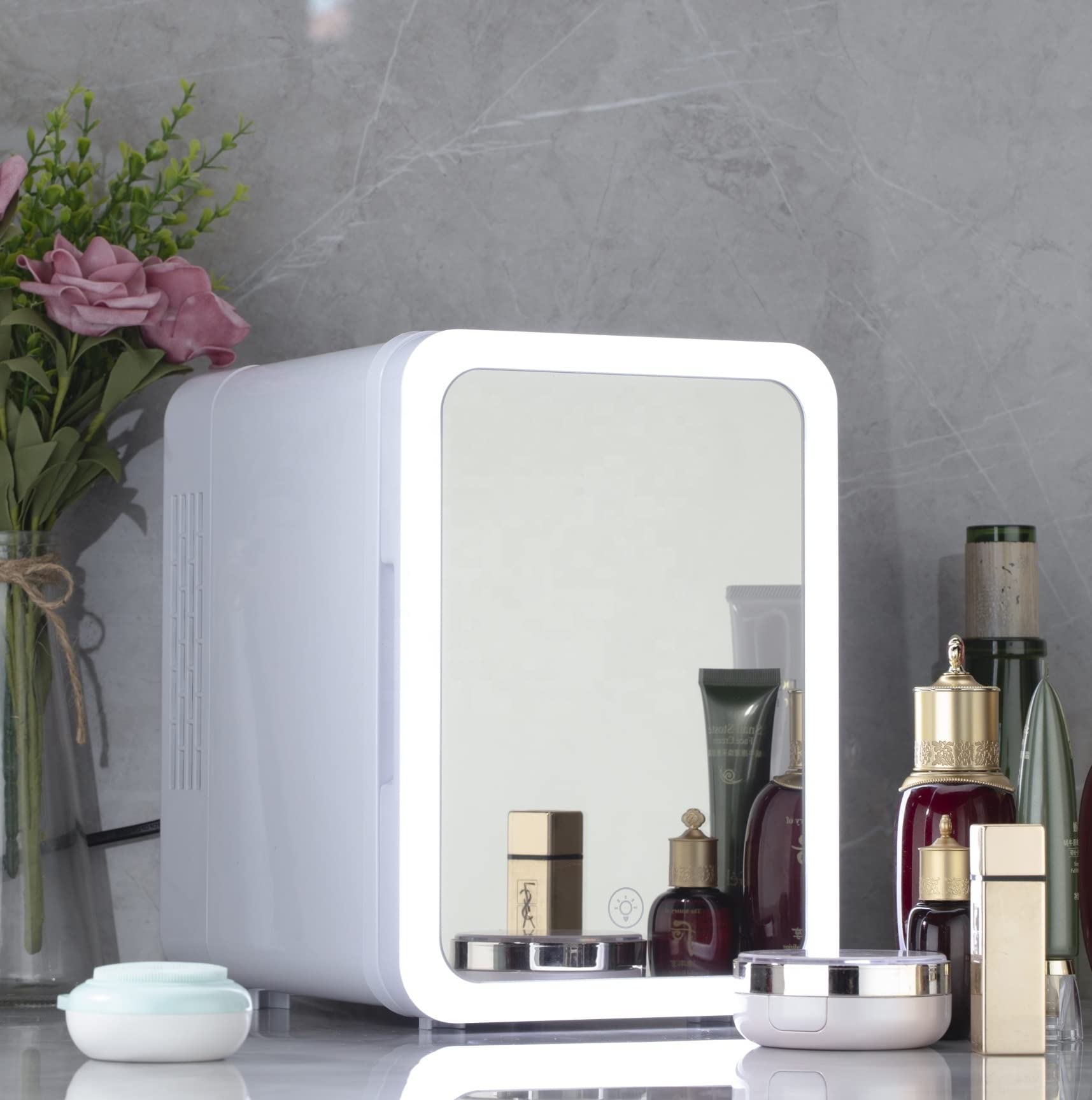 ACADA Mini Beauty Fridge 8/12L with LED Lighted Mirror - Portable Mini Fridge for Skincare Makeup Mask Drinks Fruits, Cooler & Warmer Dual Purpose Silent for Bedroom Office Vanity Vehicle (8L)