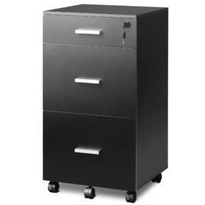 devaise 3 drawer rolling file cabinet with lock, wood filing cabinet fits letter / a4 size for home office, black