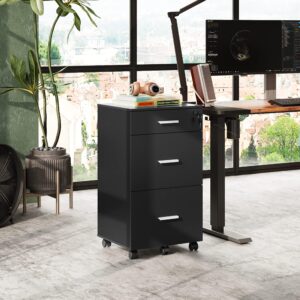 DEVAISE 3 Drawer Rolling File Cabinet with Lock, Wood Filing Cabinet fits Letter / A4 Size for Home Office, Black