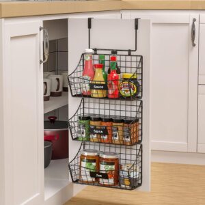 3 pack over cabinet door organizer - stackable metal storage baskets with 3 short/mid/long wall hooks+name plate+5 s hooks for kitchen bathroom laundry - hanging cabinet door organizer, shampoo spice