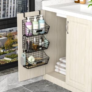 3 Pack Over Cabinet Door Organizer - Stackable Metal Storage Baskets with 3 Short/Mid/Long Wall Hooks+Name Plate+5 S Hooks for Kitchen Bathroom Laundry - Hanging Cabinet Door Organizer, Shampoo Spice