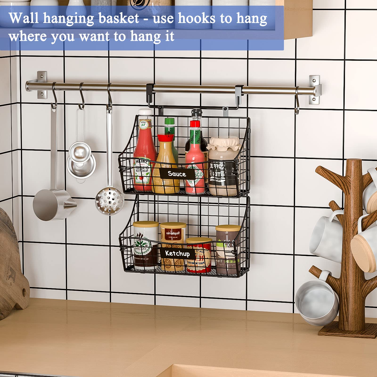 3 Pack Over Cabinet Door Organizer - Stackable Metal Storage Baskets with 3 Short/Mid/Long Wall Hooks+Name Plate+5 S Hooks for Kitchen Bathroom Laundry - Hanging Cabinet Door Organizer, Shampoo Spice