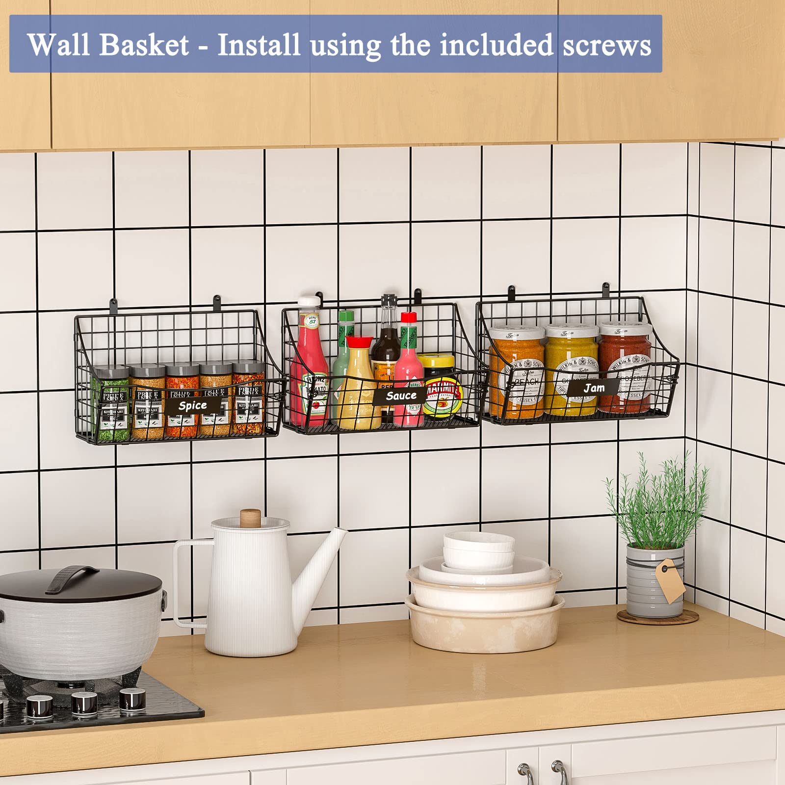 3 Pack Over Cabinet Door Organizer - Stackable Metal Storage Baskets with 3 Short/Mid/Long Wall Hooks+Name Plate+5 S Hooks for Kitchen Bathroom Laundry - Hanging Cabinet Door Organizer, Shampoo Spice