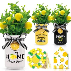 gerrii 3 pcs mason jar table centerpiece decor kitchen decor fake plants garland wooden bead wood sign for christmas summer farmhouse home dining tiered tray table decoration (lemon style)