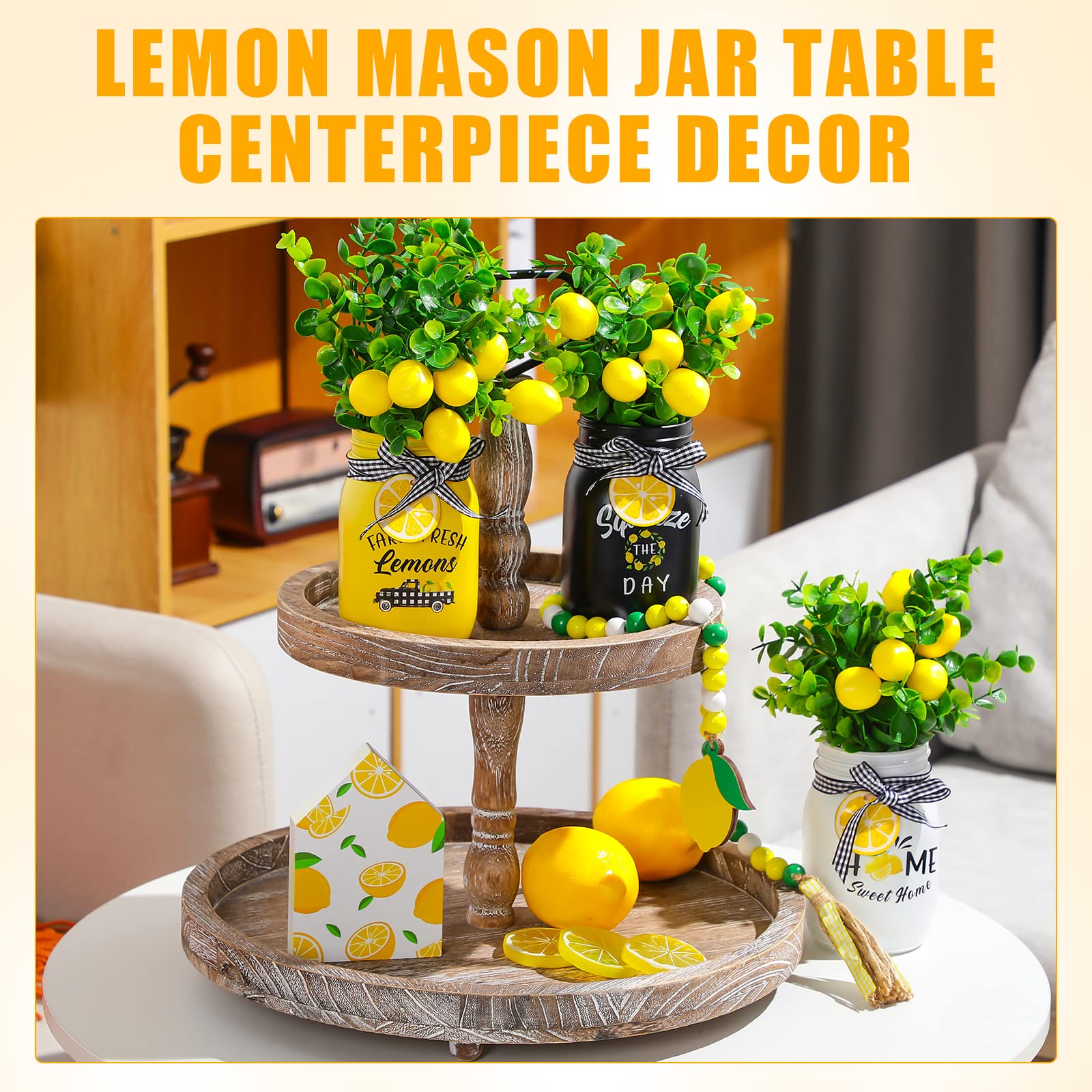 Gerrii 3 Pcs Mason Jar Table Centerpiece Decor Kitchen Decor Fake Plants Garland Wooden Bead Wood Sign for Christmas Summer Farmhouse Home Dining Tiered Tray Table Decoration (Lemon Style)