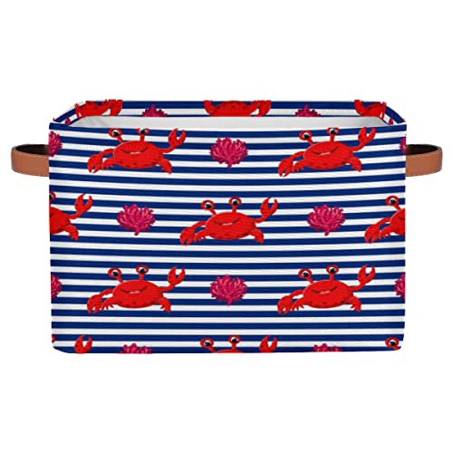 YoCosy Large Storage Baskets for Organizing Shelves Ocean Crab Navy Blue Stripe Nautical Foldable Cube Storage Bins with Handles Rectangle Fabric Closet Organizers for Home Toys Clothes, 1 Pack