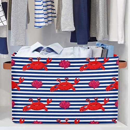 YoCosy Large Storage Baskets for Organizing Shelves Ocean Crab Navy Blue Stripe Nautical Foldable Cube Storage Bins with Handles Rectangle Fabric Closet Organizers for Home Toys Clothes, 1 Pack