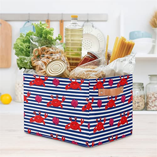 YoCosy Large Storage Baskets for Organizing Shelves Ocean Crab Navy Blue Stripe Nautical Foldable Cube Storage Bins with Handles Rectangle Fabric Closet Organizers for Home Toys Clothes, 1 Pack