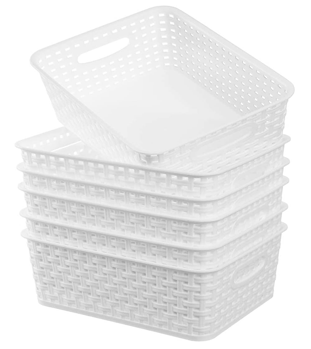 ZHENFAN White Plastic Woven Storage Baskets, 6-Pack Weave Basket Organizer for Kitchen Office Bathroom