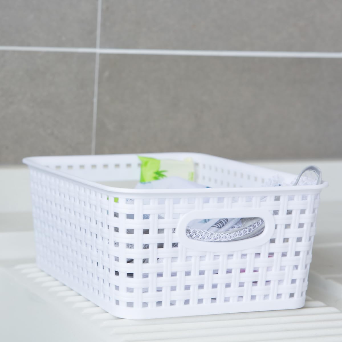 ZHENFAN White Plastic Woven Storage Baskets, 6-Pack Weave Basket Organizer for Kitchen Office Bathroom