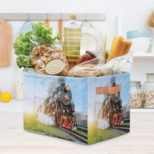 YoCosy Large Storage Baskets for Organizing Shelves Vintage Black Steam Locomotive Train Foldable Cube Storage Bins with Handles Rectangle Fabric Closet Organizers for Home Toys Clothes, 1 Pack