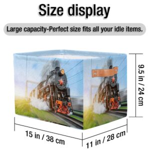YoCosy Large Storage Baskets for Organizing Shelves Vintage Black Steam Locomotive Train Foldable Cube Storage Bins with Handles Rectangle Fabric Closet Organizers for Home Toys Clothes, 1 Pack