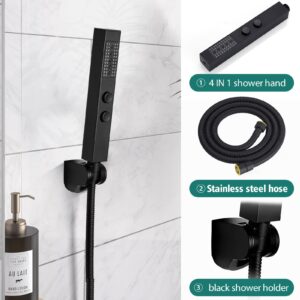 Homipro Brass 4 in 1 Function Black Handheld Square Shower Head Set, High Pressure Showerhead Handheld Shower Wand Sprayer with 59 Inch Hose, Bracket