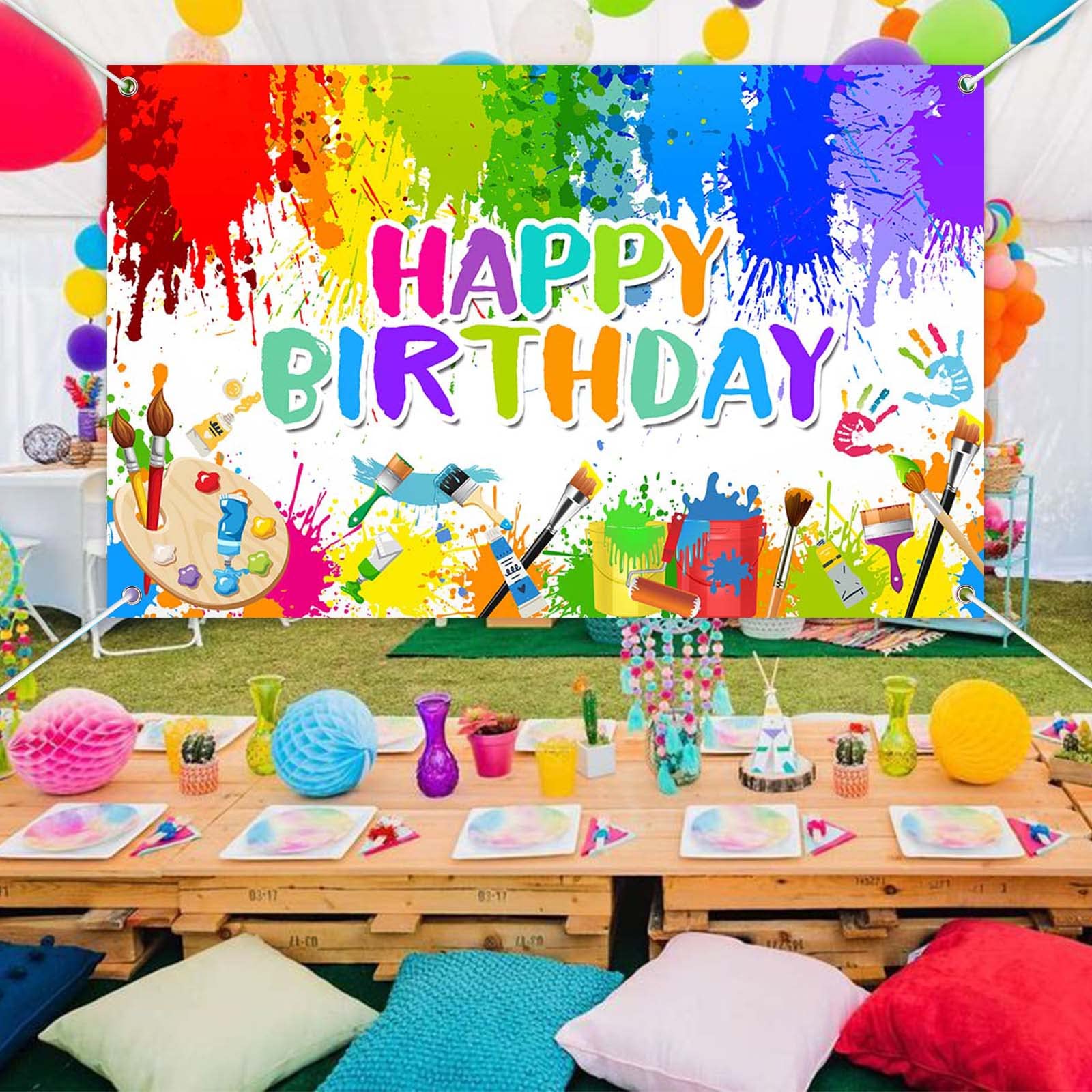 Avezano Paint Birthday Banner Boy and Girl Graffiti Art Birthday Party Decorations Painting Theme Happy Birthday Photo Backdrop 70.8 x 43.3 Inch Background for Kids