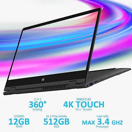 Auusda Laptop Computer Touchscreen 2 in 1 Convertible with 12GB DDR5 512GB NVMe, Intel N95 Up to 3.40 GHz, 14.1" 3840×2160 IPS LCD, BK, Fingerprint Unlock, Cooling Fan, USB-C, USB-A, Windows 11 Pro