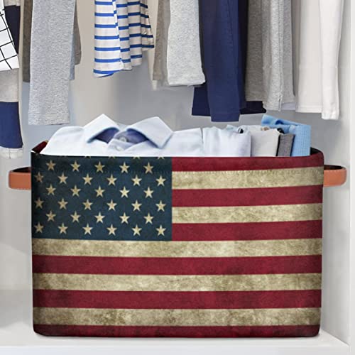 YoCosy Large Storage Baskets for Organizing Shelves Vintage American Flag USA Foldable Cube Storage Bins with Handles Rectangle Fabric Closet Organizers for Home Toys Clothes, 1 Pack