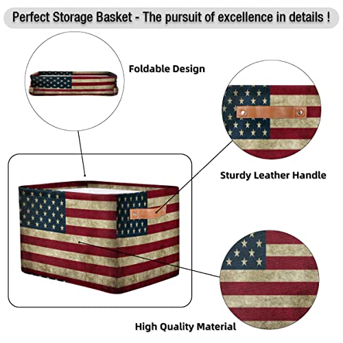 YoCosy Large Storage Baskets for Organizing Shelves Vintage American Flag USA Foldable Cube Storage Bins with Handles Rectangle Fabric Closet Organizers for Home Toys Clothes, 1 Pack