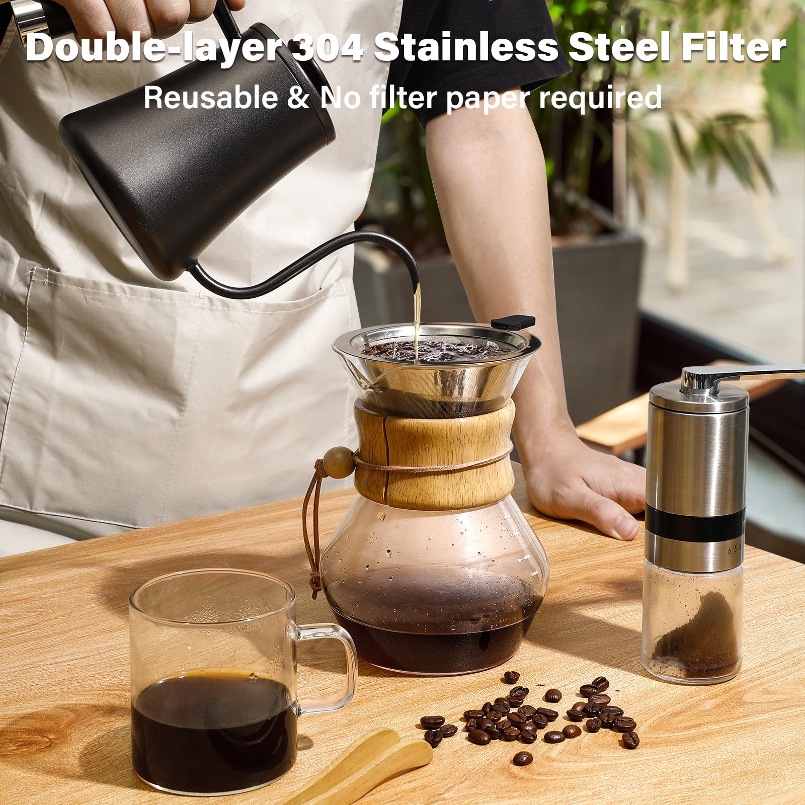 COPOTEA Pour Over Coffee Maker with Double Layer Stainless Steel Filter, 28oz / 800ml Coffee Dripper Brewer, High Heat Resistant Carafe, Wooden Collar Coffee Carafe