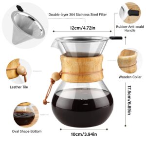 COPOTEA Pour Over Coffee Maker with Double Layer Stainless Steel Filter, 28oz / 800ml Coffee Dripper Brewer, Borosilicate Glass Coffee Carafe,Wooden Collar