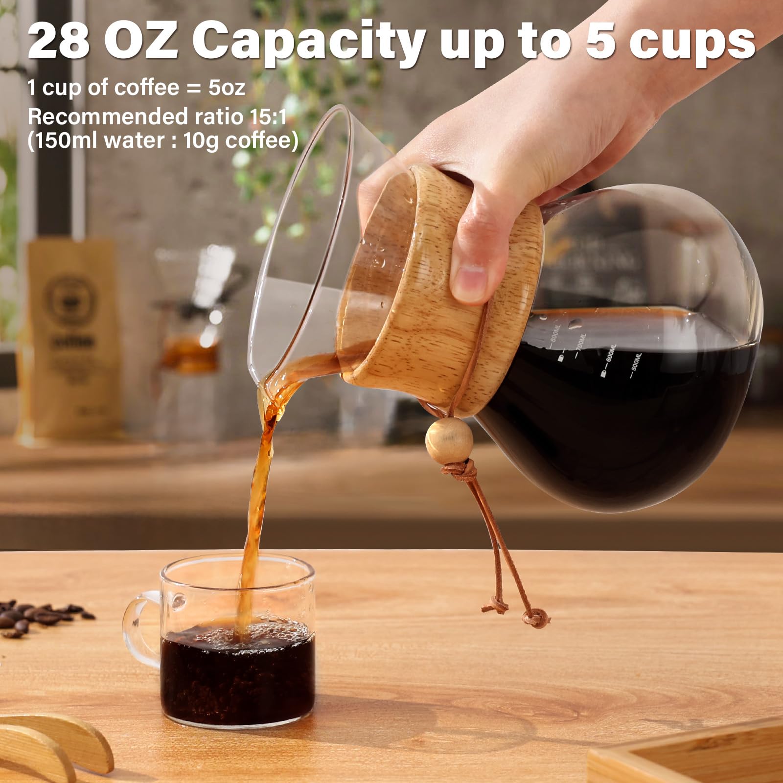 COPOTEA Pour Over Coffee Maker with Double Layer Stainless Steel Filter, 28oz / 800ml Coffee Dripper Brewer, Borosilicate Glass Coffee Carafe,Wooden Collar