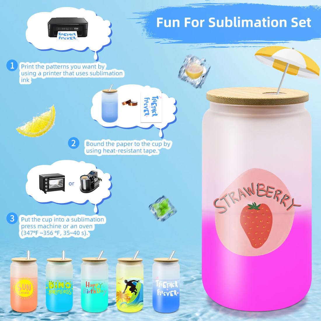 Sublimation Glass Cups with Bamboo Lid and Straw,16oz Gradient Color Can Glasses with Lid and Straw,Cute Glass Cup with Bamboo Lid and Straw,Iced Coffee Cups&Beer Glasses&Soda Drinking Tumbler Gift