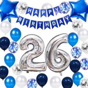 26th birthday party decoration blue for men, happy birthday banner blue number 26 birthday star foil balloons latex confetti balloons for men him 26 years old birthday supplies(26th)