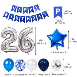 26th Birthday Party Decoration Blue for Men, Happy Birthday Banner Blue Number 26 Birthday Star Foil Balloons Latex Confetti Balloons for Men Him 26 Years Old Birthday Supplies(26th)