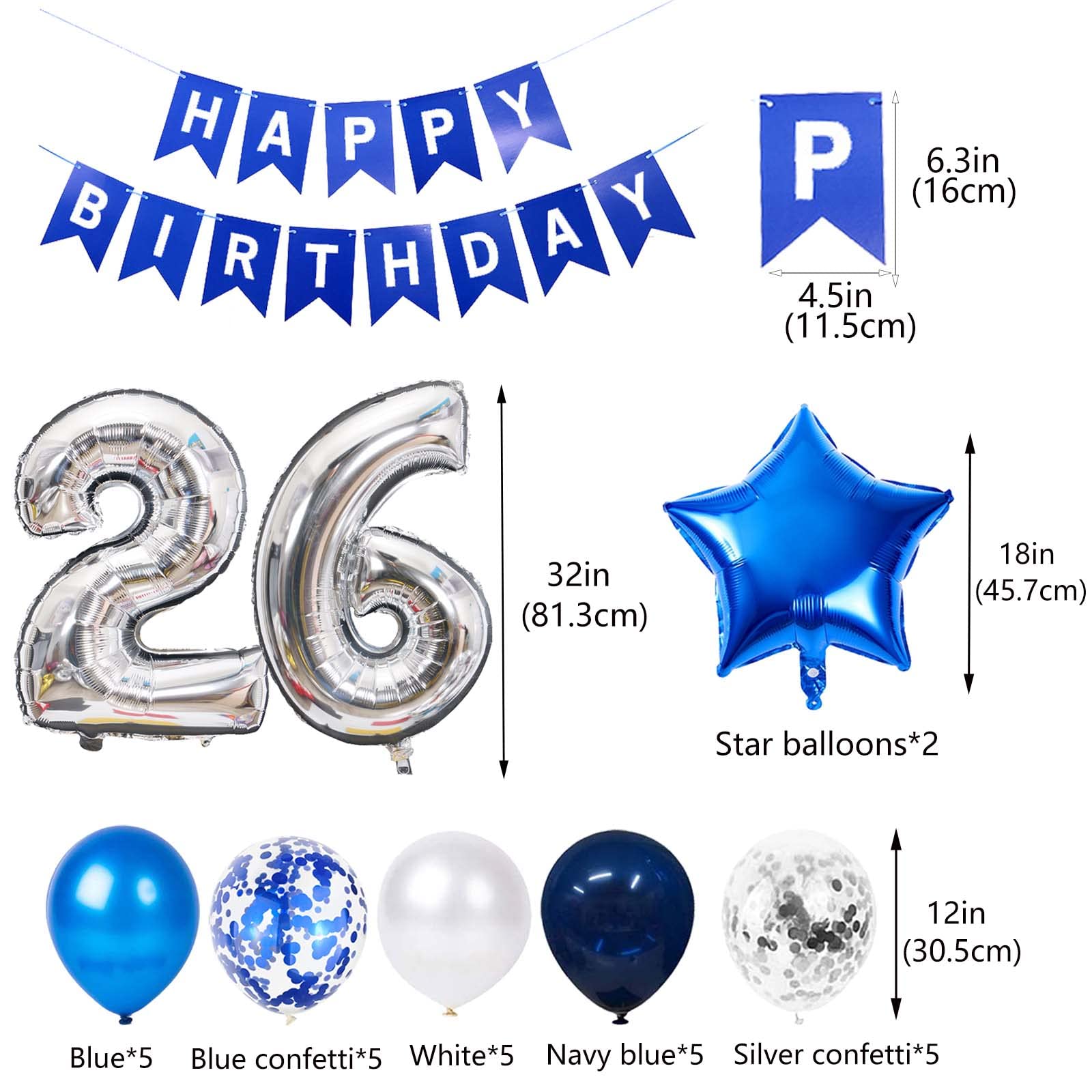 26th Birthday Party Decoration Blue for Men, Happy Birthday Banner Blue Number 26 Birthday Star Foil Balloons Latex Confetti Balloons for Men Him 26 Years Old Birthday Supplies(26th)