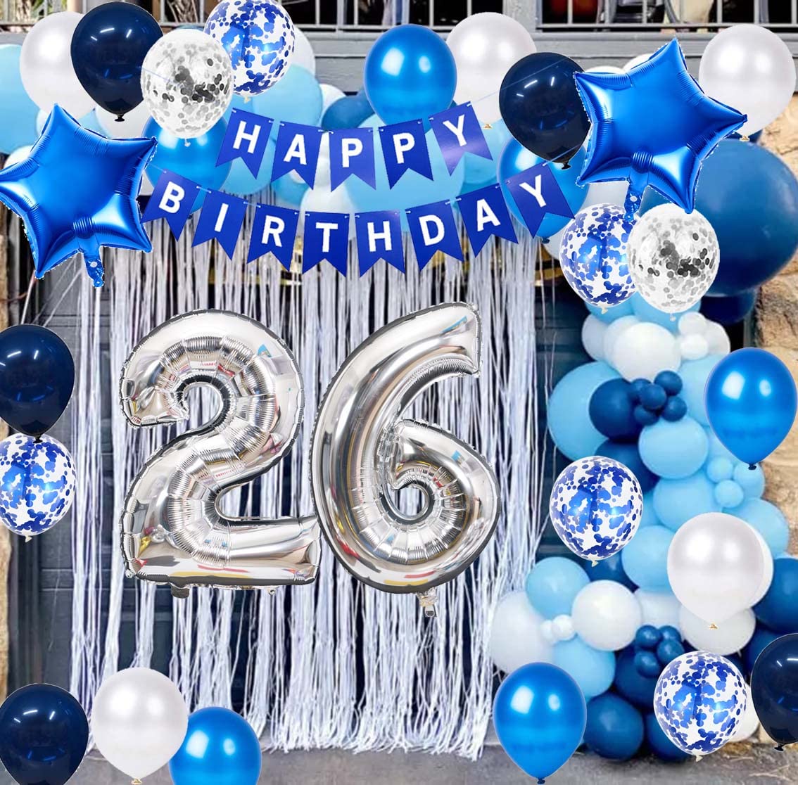 26th Birthday Party Decoration Blue for Men, Happy Birthday Banner Blue Number 26 Birthday Star Foil Balloons Latex Confetti Balloons for Men Him 26 Years Old Birthday Supplies(26th)