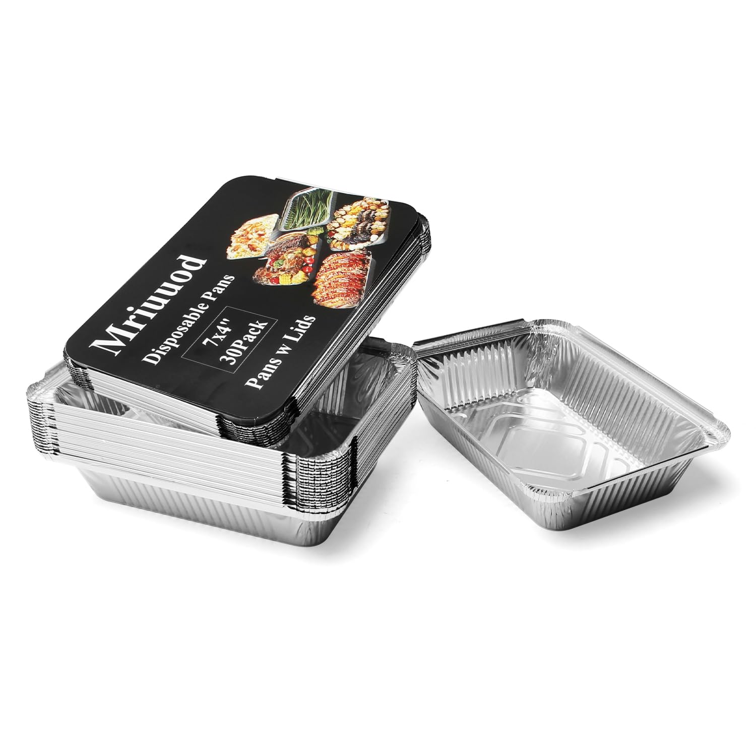 Mriuuod 30Pack 7x4 Disposable Aluminum Foil Pans w Lids, 0.65LB Recyclable Baking Pan, Takeout Pans, Tin Foil Pans, Rectangle Trays Bakeware, Cookware for Caterers Roasting Heating