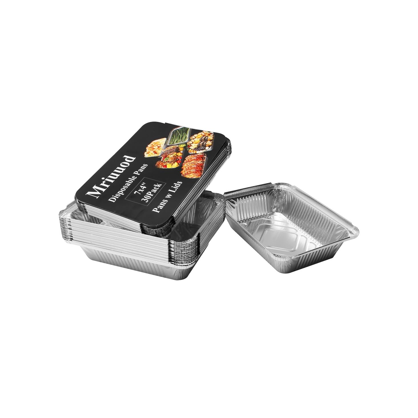 Mriuuod 30Pack 7x4 Disposable Aluminum Foil Pans w Lids, 0.65LB Recyclable Baking Pan, Takeout Pans, Tin Foil Pans, Rectangle Trays Bakeware, Cookware for Caterers Roasting Heating