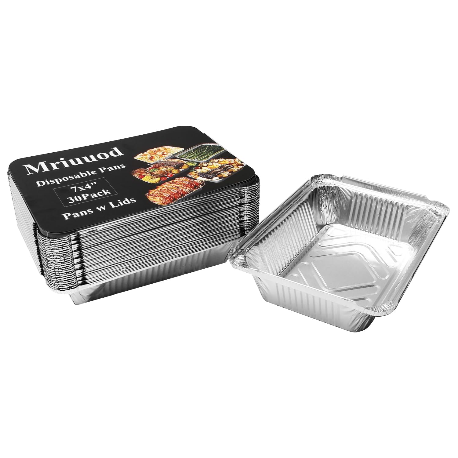 Mriuuod 30Pack 7x4 Disposable Aluminum Foil Pans w Lids, 0.65LB Recyclable Baking Pan, Takeout Pans, Tin Foil Pans, Rectangle Trays Bakeware, Cookware for Caterers Roasting Heating