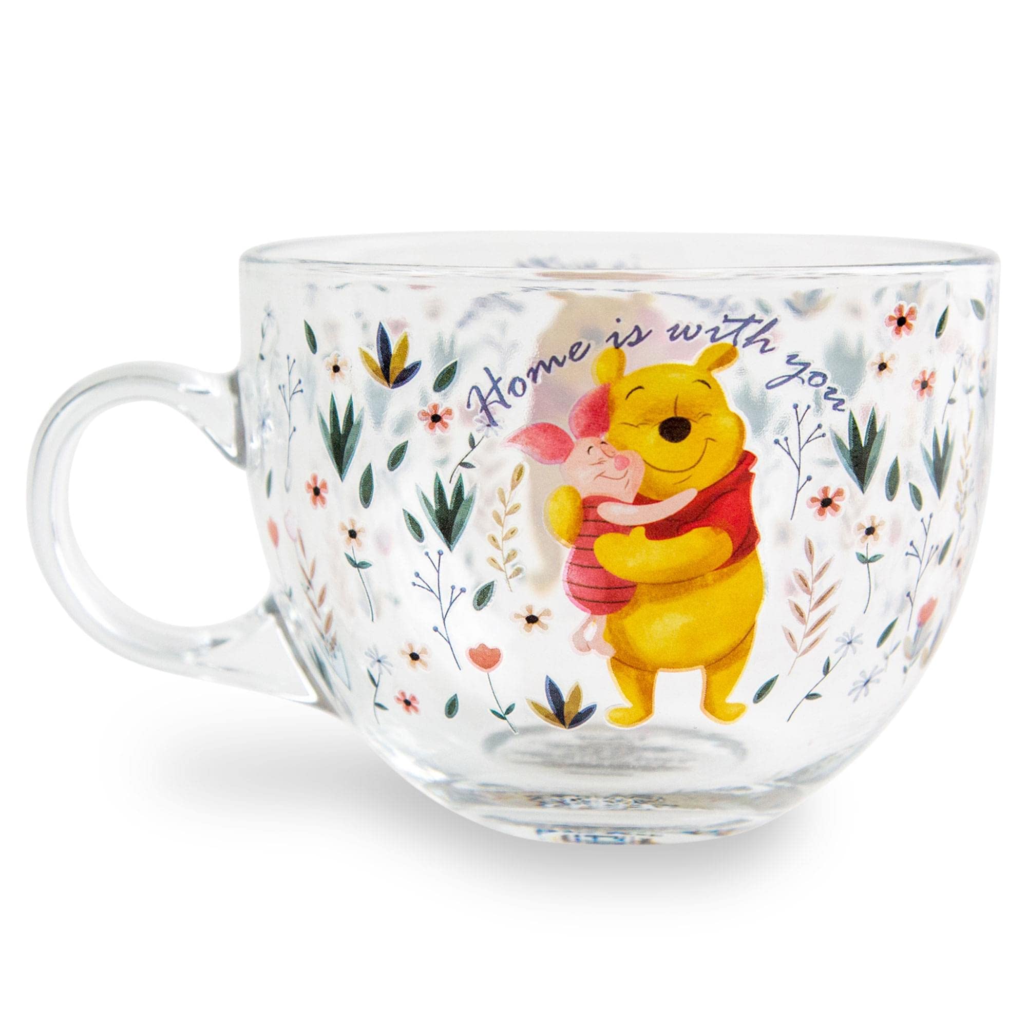 Disney Winnie the Pooh and Piglet Floral Glass Mug | Large Coffee Cup For Espresso, Tea, Mocha | Holds 16 Ounces