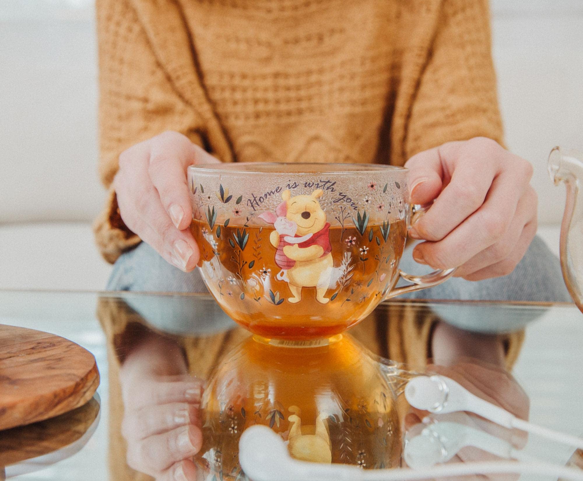 Disney Winnie the Pooh and Piglet Floral Glass Mug | Large Coffee Cup For Espresso, Tea, Mocha | Holds 16 Ounces