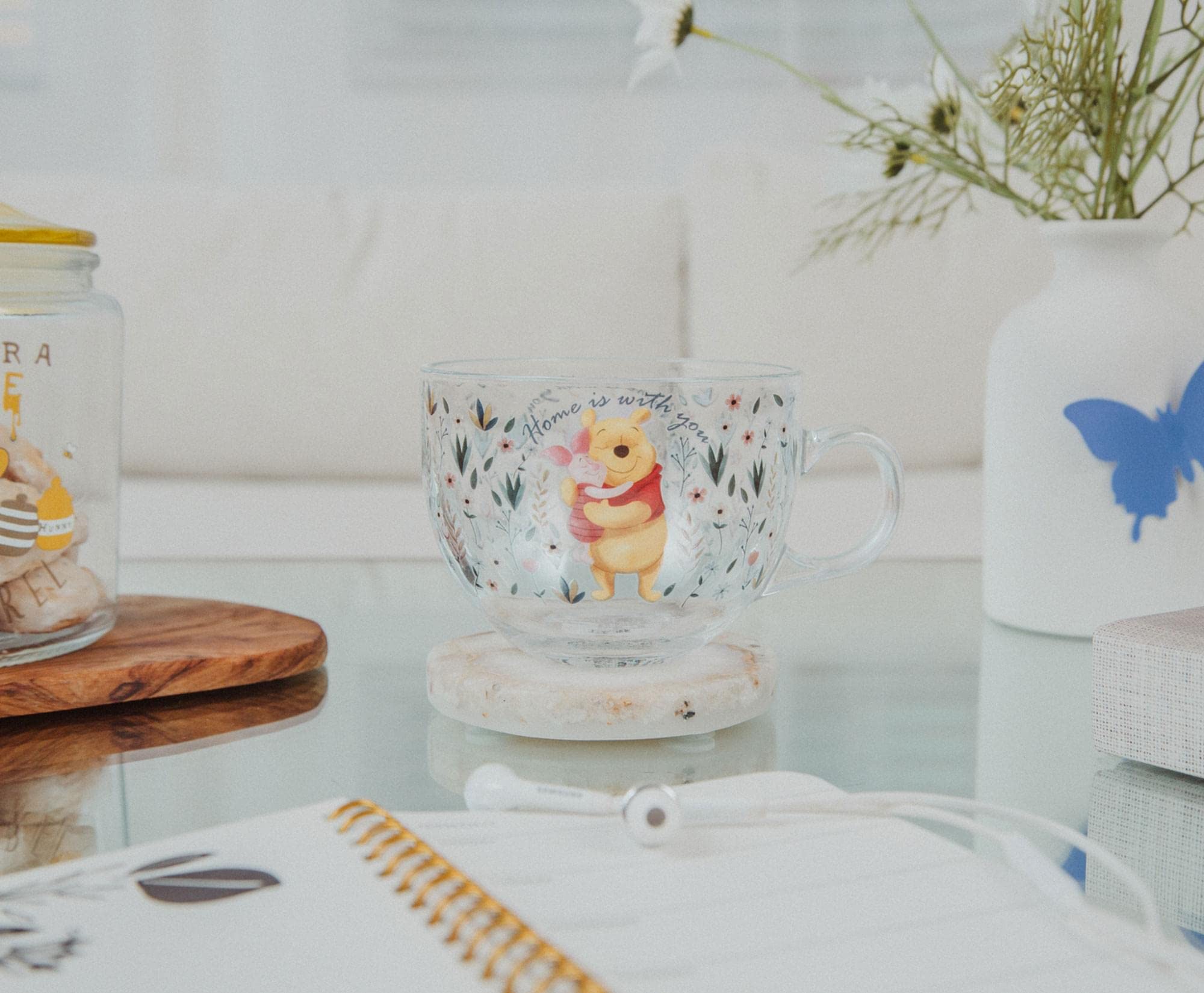 Disney Winnie the Pooh and Piglet Floral Glass Mug | Large Coffee Cup For Espresso, Tea, Mocha | Holds 16 Ounces