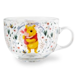 Disney Winnie the Pooh and Piglet Floral Glass Mug | Large Coffee Cup For Espresso, Tea, Mocha | Holds 16 Ounces