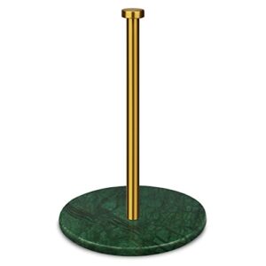 heshibi paper towel holder countertop with 7" weighted green marble base - retro free standing paper roll holder, brushed gold stainless steel stand paper towel holder for kitchen and bathroom