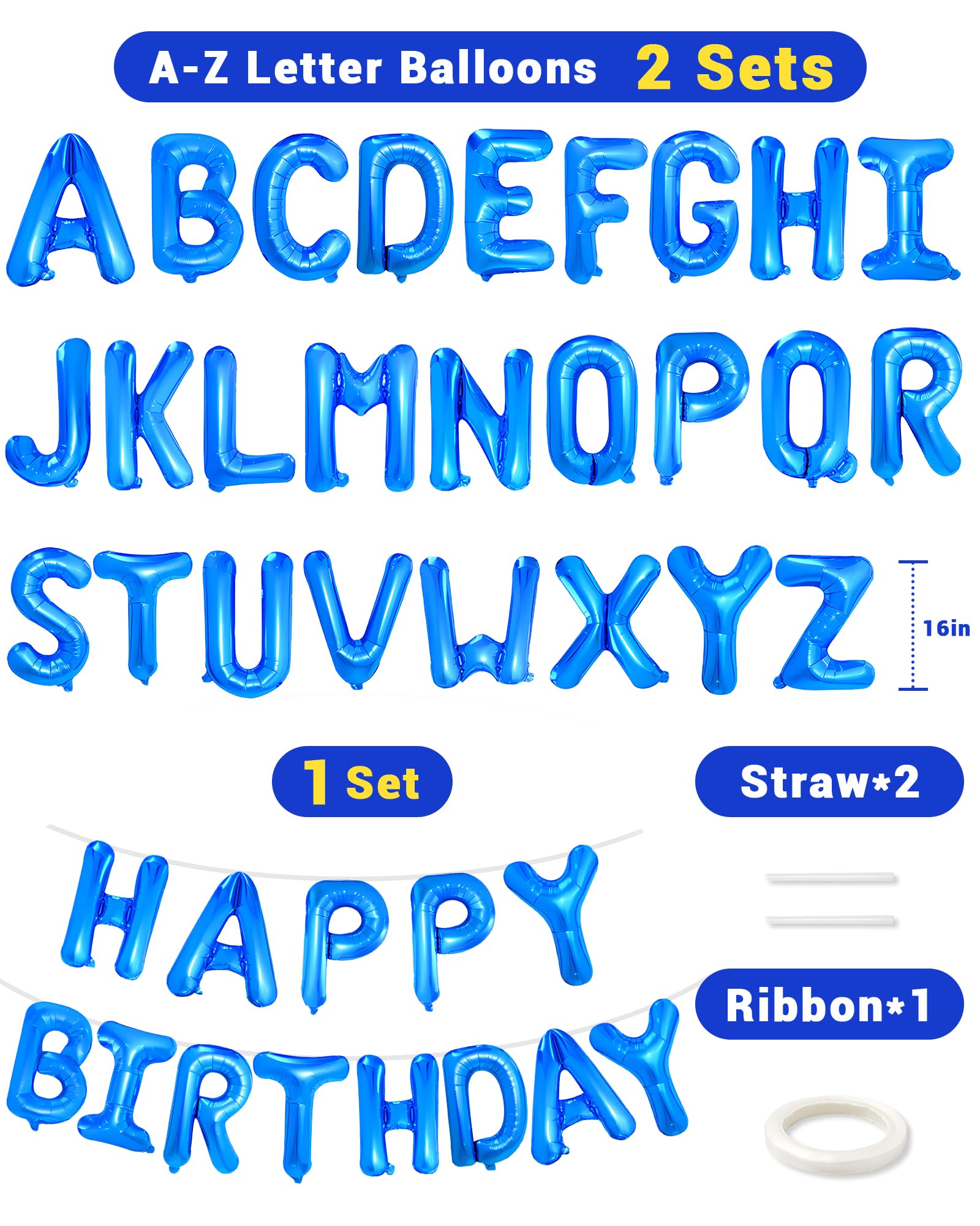 Gojmzo Personalized Name Happy Birthday Banner Decorations Blue Happy Birthday Sign Balloon Letter Balloons 2 Sets A-Z 16'' Mylar Foil Birthday Party Decorations for Kids, Women, Men, Blue