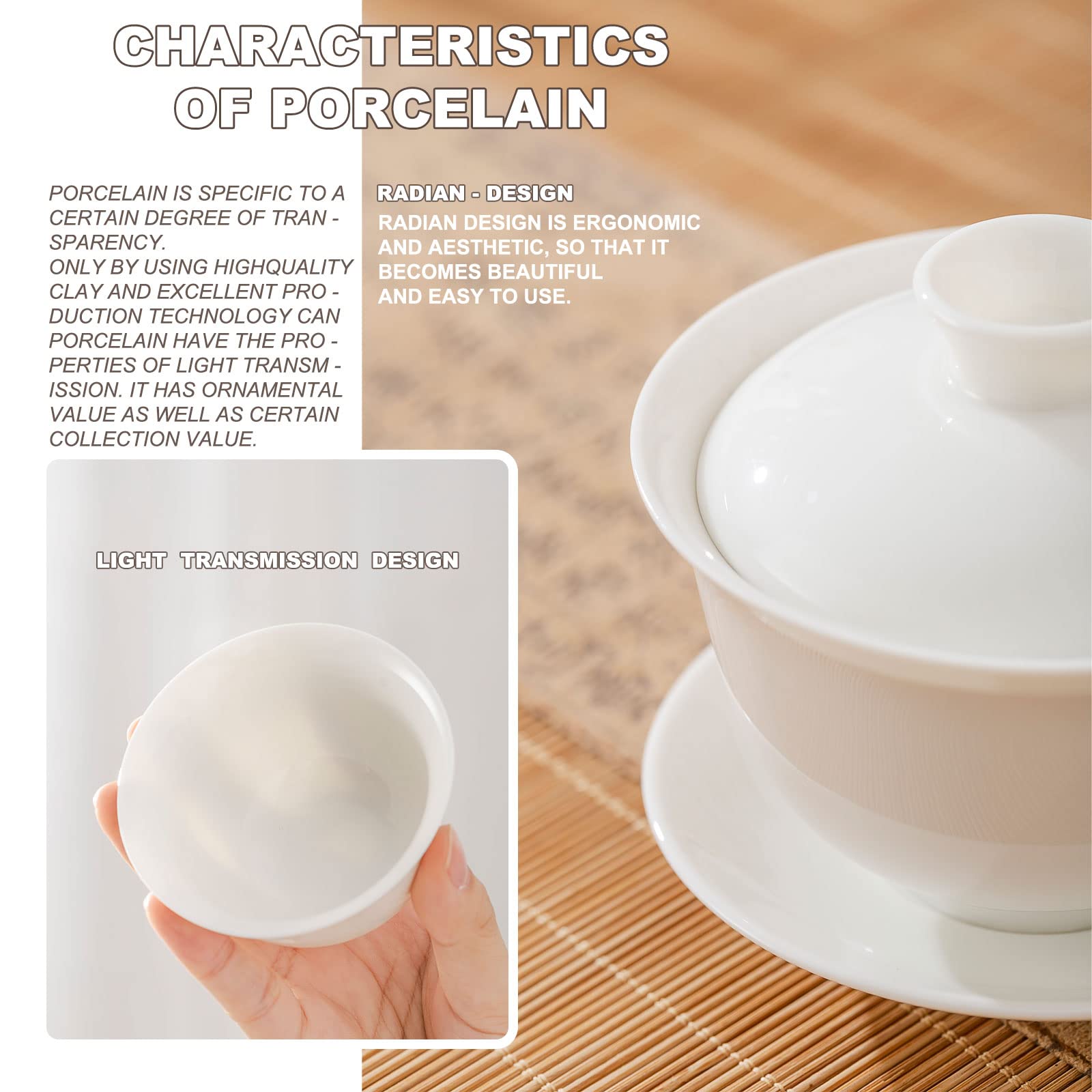 Aroplor China Kung Fu Gaiwan Teacup Traditional White Porcelain Tea Bowl Saucer Set for Brew Kung Fu Tea Porcelain Gift 5.5oz Jingdezhen Drinking Ware