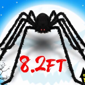 chermory 8.2ft/98in/250cm halloween giant spider decorations, large fake scary hairy spider,halloween huge plush toy spider props toy for indoor outdoor creepy lawn garden decor black