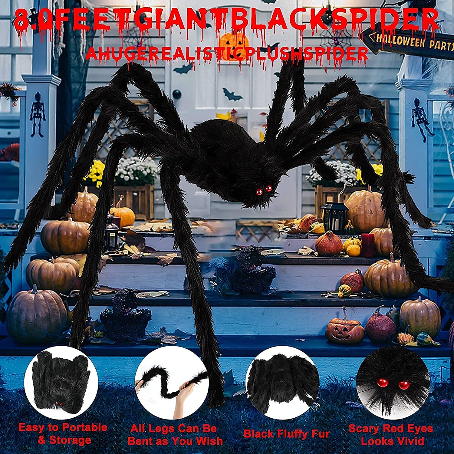 Chermory 8.2FT/98IN/250CM Halloween Giant Spider Decorations, Large Fake Scary Hairy Spider,Halloween Huge Plush Toy Spider Props Toy for Indoor Outdoor Creepy Lawn Garden Decor Black